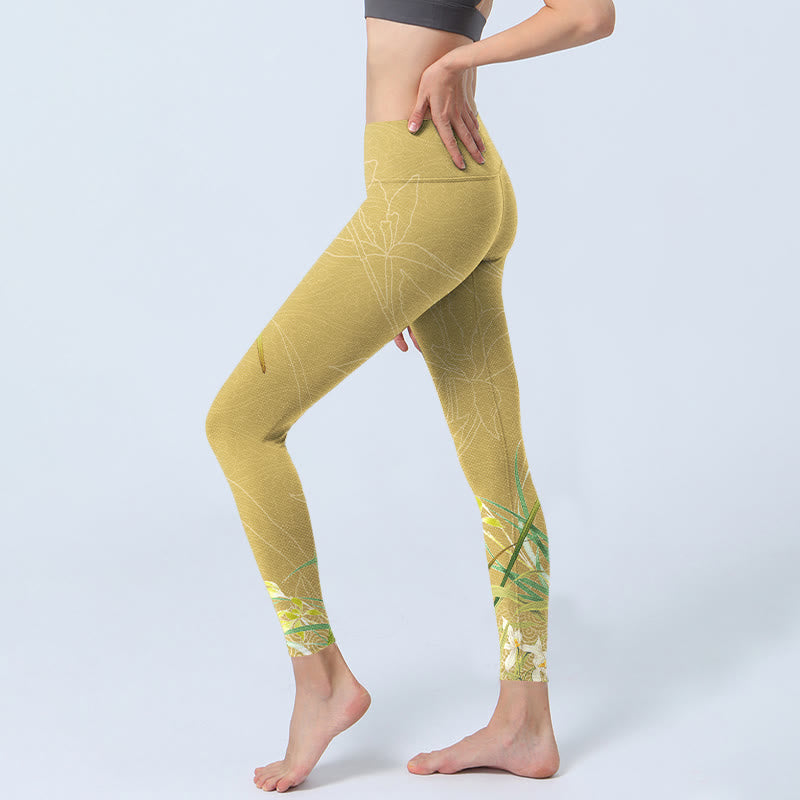 Buddha Stones, gelbe Orchideenblüten, weinende Blätter, Druck, Gym-Leggings, Damen-Yogahose