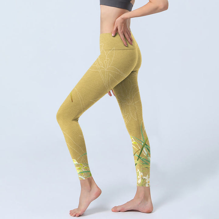 Buddha Stones, gelbe Orchideenblüten, weinende Blätter, Druck, Gym-Leggings, Damen-Yogahose - image 3