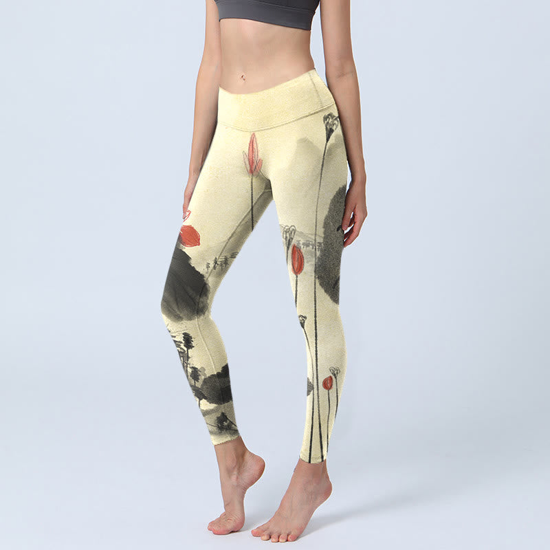 Buddha Stones ​​Lotus Berge Haus Druck Gym Leggings frauen Yoga Hosen - Hellgoldgelb - US18, UK/AU22, EU50 (4XL) - image 0