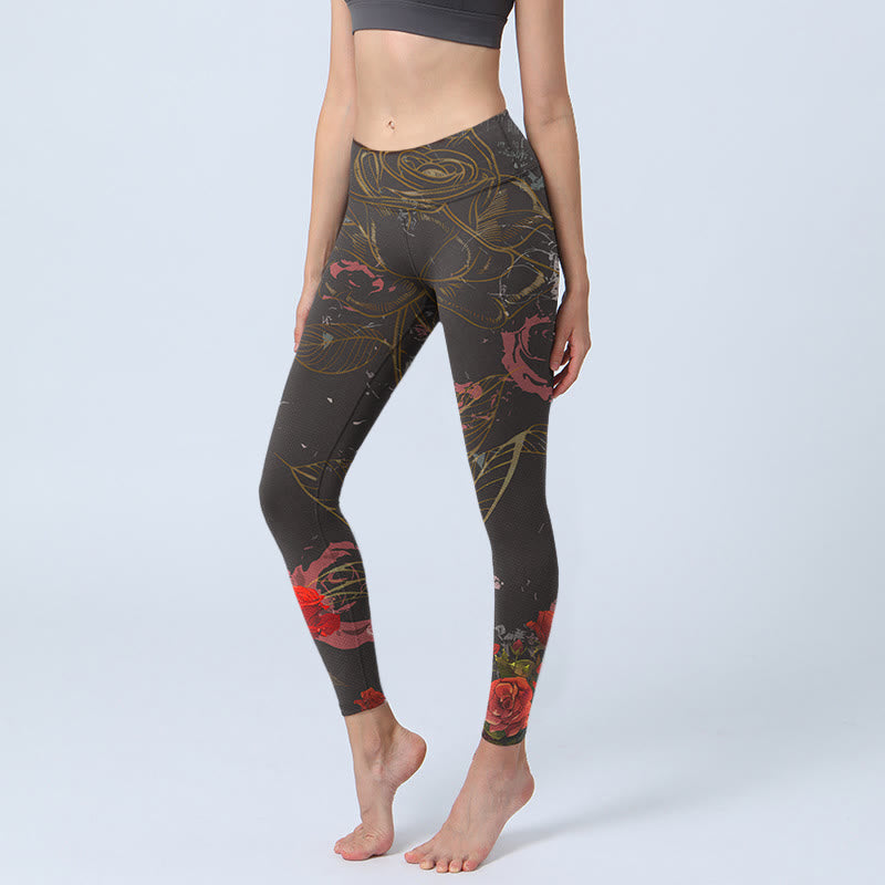 Buddha Stones Rote Rosen Print Gym Leggings Damen Yogahose - Schwarz - US18， UK/AU22，EU50 (4XL) - image 1