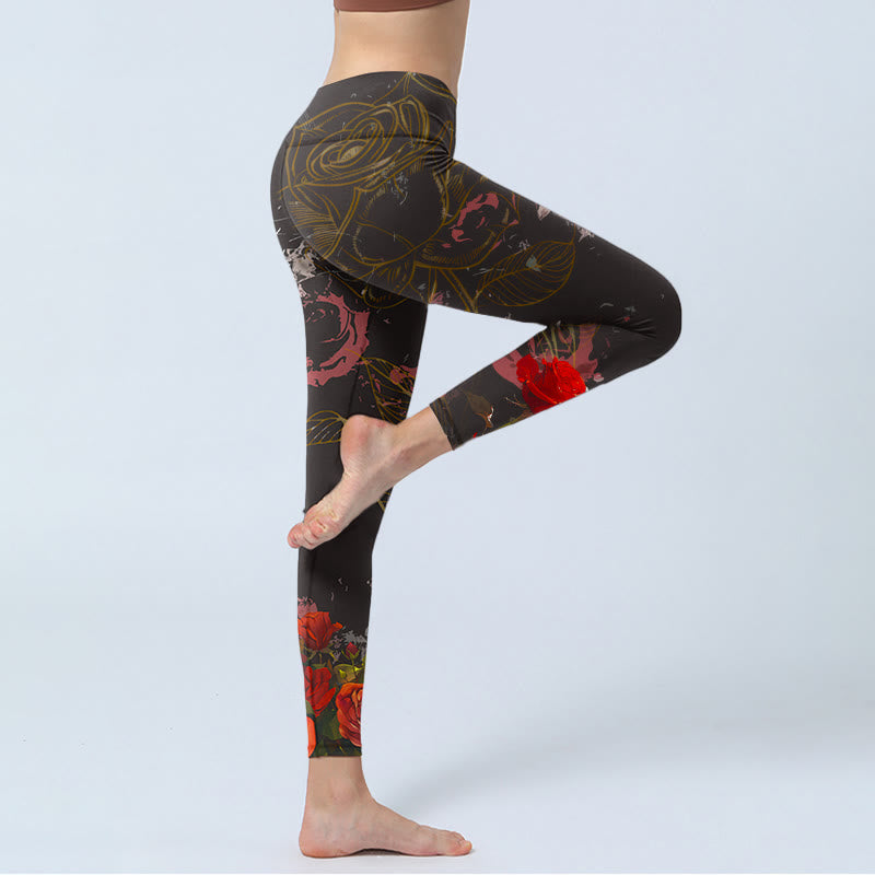 Buddha Stones Rote Rosen Print Gym Leggings Damen Yogahose