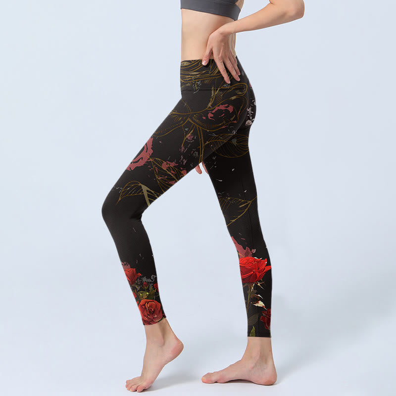 Buddha Stones Rote Rosen Print Gym Leggings Damen Yogahose