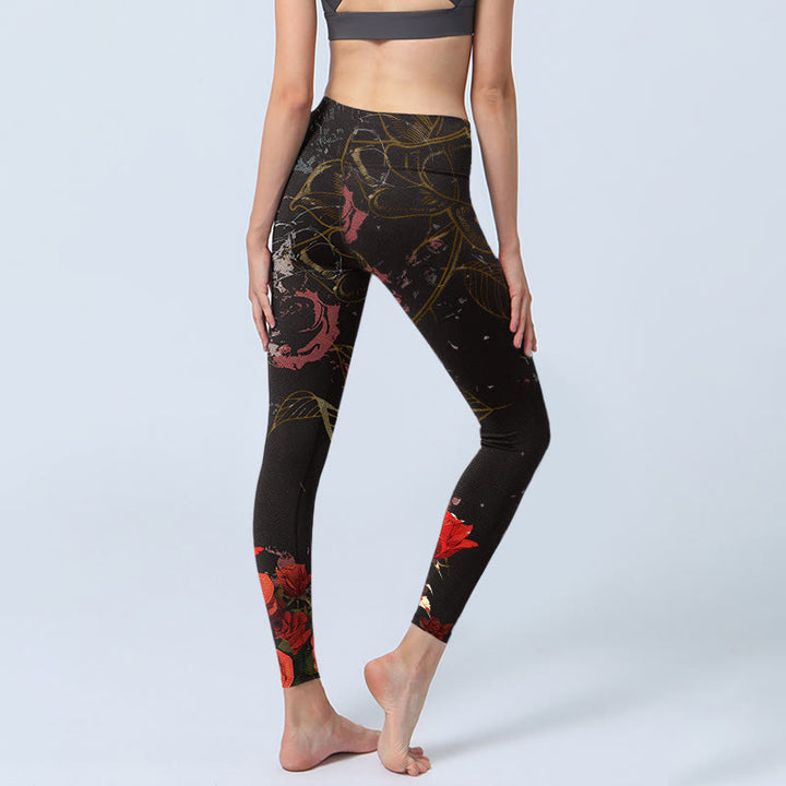 Buddha Stones Rote Rosen Print Gym Leggings Damen Yogahose - image 5