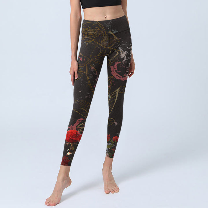 Buddha Stones Rote Rosen Print Gym Leggings Damen Yogahose