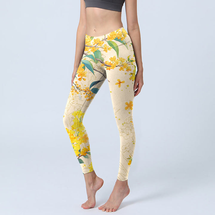 Buddha Stones Gelbe Osmanthus Fragrans Raps Print Gym Leggings Damen Yogahose