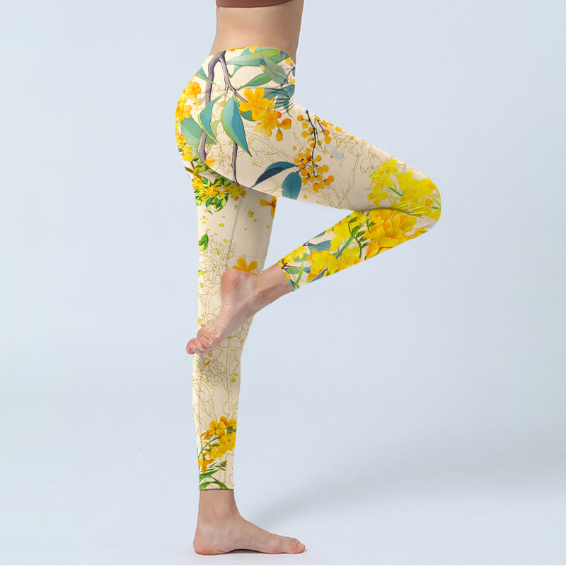 Buddha Stones Gelbe Osmanthus Fragrans Raps Print Gym Leggings Damen Yogahose