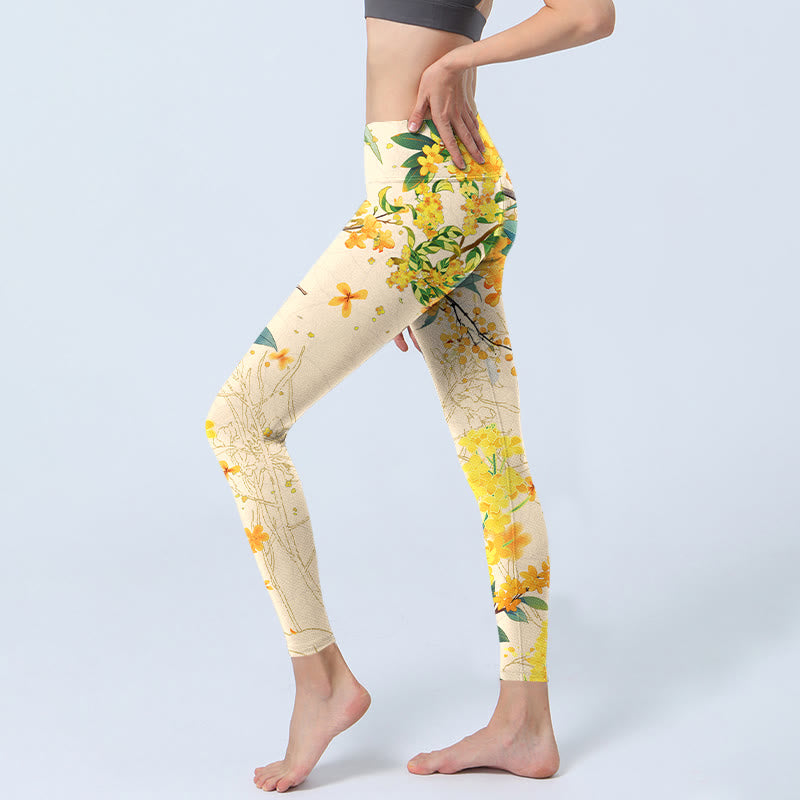 Buddha Stones Gelbe Osmanthus Fragrans Raps Print Gym Leggings Damen Yogahose