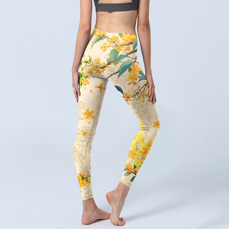 Buddha Stones Gelbe Osmanthus Fragrans Raps Print Gym Leggings Damen Yogahose