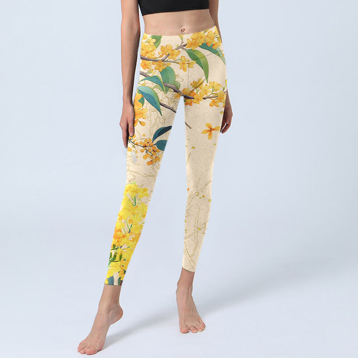 Buddha Stones Gelbe Osmanthus Fragrans Raps Print Gym Leggings Damen Yogahose