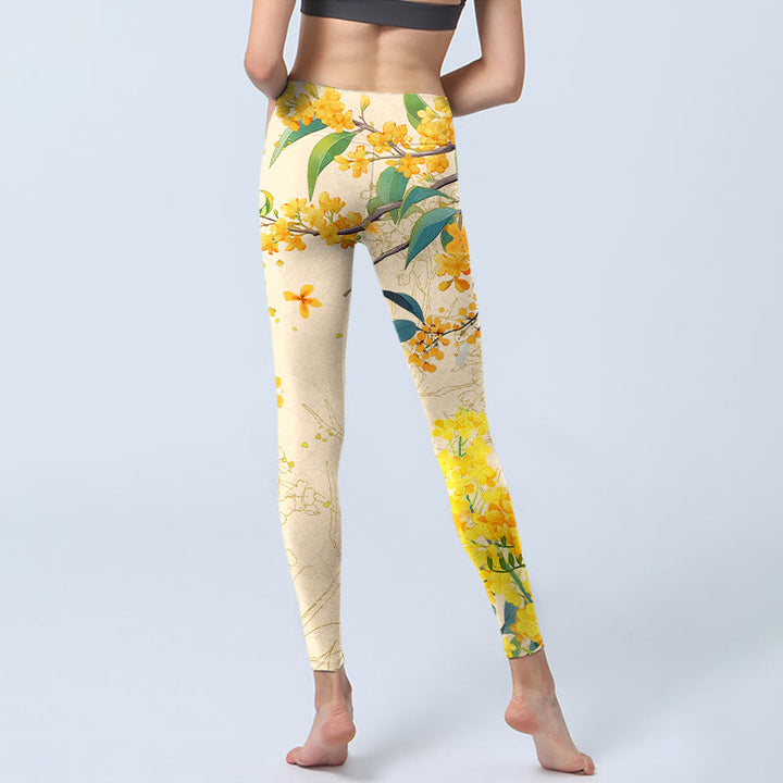 Buddha Stones Gelbe Osmanthus Fragrans Raps Print Gym Leggings Damen Yogahose