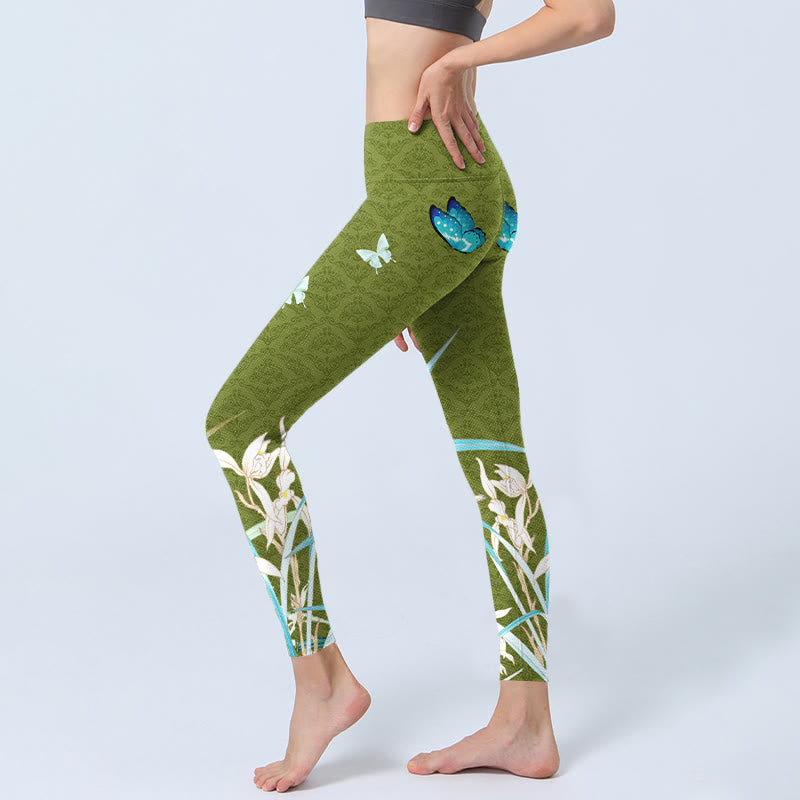 Buddha Stones Grün Schmetterling Orchidee Blumen Druck Gym Leggings frauen Yoga Hosen