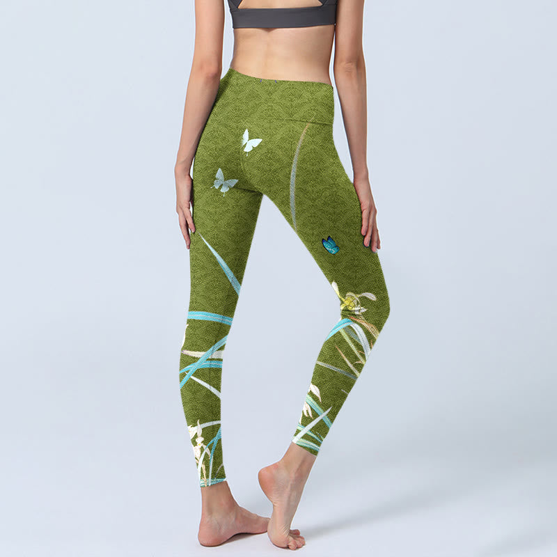 Buddha Stones Grün Schmetterling Orchidee Blumen Druck Gym Leggings frauen Yoga Hosen - image 5