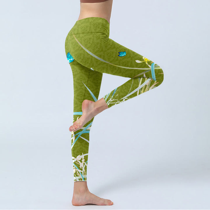 Buddha Stones Grün Schmetterling Orchidee Blumen Druck Gym Leggings frauen Yoga Hosen