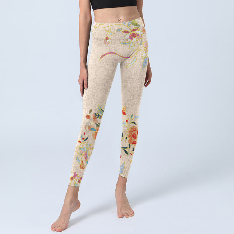 Buddha Stones Aprikose Schmetterling Pfingstrose Blumen Blätter Druck Gym Leggings Frauen Yoga Hosen