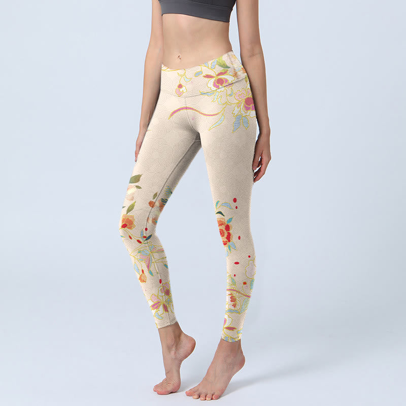 Buddha Stones Aprikose Schmetterling Pfingstrose Blumen Blätter Druck Gym Leggings Frauen Yoga Hosen - FloralWeiß - US18, UK/AU22, EU50 (4XL) - image 0