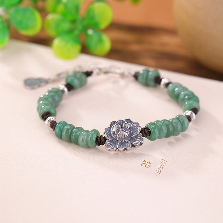 Buddha Stones 925 Sterling Silber Natur Jade Lotus Glück Frieden und Freude Armband