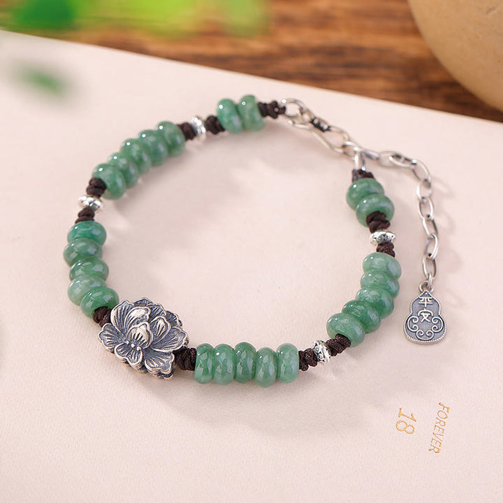 Buddha Stones 925 Sterling Silber Natur Jade Lotus Glück Frieden und Freude Armband