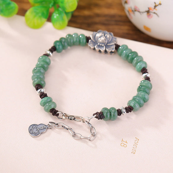 Buddha Stones 925 Sterling Silber Natur Jade Lotus Glück Frieden und Freude Armband