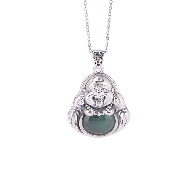 Buddha Stones 999 Sterling Silber Lachender Buddha Cyan Jade Lotus Erfolg Halskette Kettenanhänger