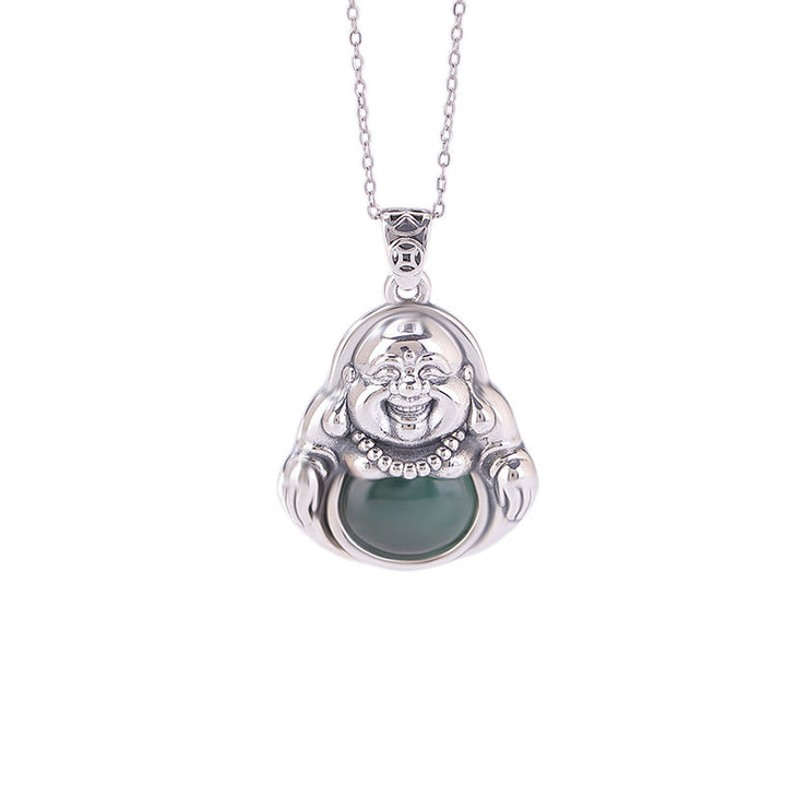 Buddha Stones 999 Sterling Silber Lachender Buddha Cyan Jade Lotus Erfolg Halskette Kettenanhänger