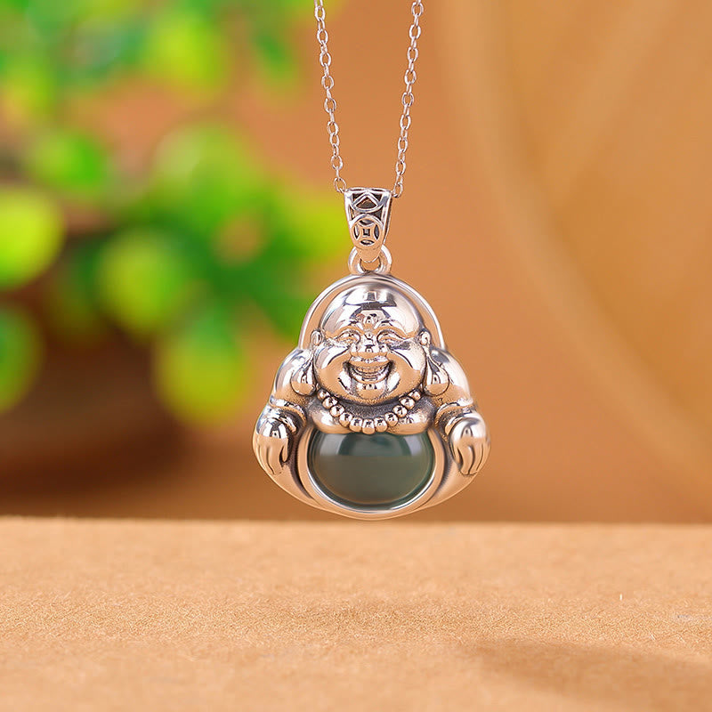 Buddha Stones 999 Sterling Silber Lachender Buddha Cyan Jade Lotus Erfolg Halskette Kettenanhänger - image 2