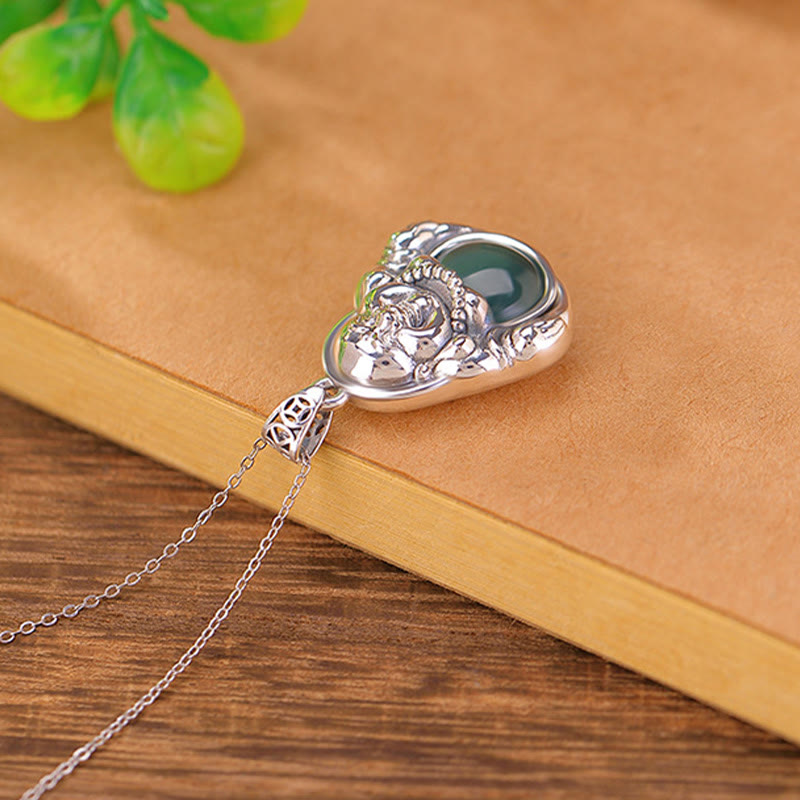 Buddha Stones 999 Sterling Silber Lachender Buddha Cyan Jade Lotus Erfolg Halskette Kettenanhänger - image 3