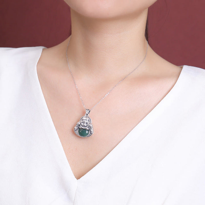 Buddha Stones 999 Sterling Silber Lachender Buddha Cyan Jade Lotus Erfolg Halskette Kettenanhänger - image 5