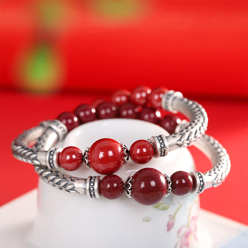 Buddha Stones 999 Sterling Silber Zinnober Weizen Ohren Segen Armband Armreif - image 1