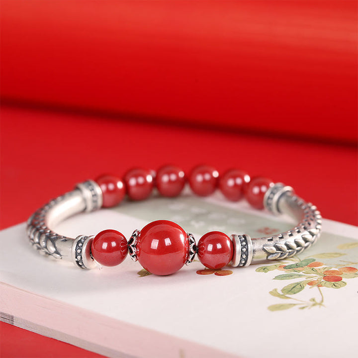 Buddha Stones 999 Sterling Silber Zinnober Weizen Ohren Segen Armband Armreif - Roter Zinnober (Handgelenkumfang: 14-16 cm) - image 0