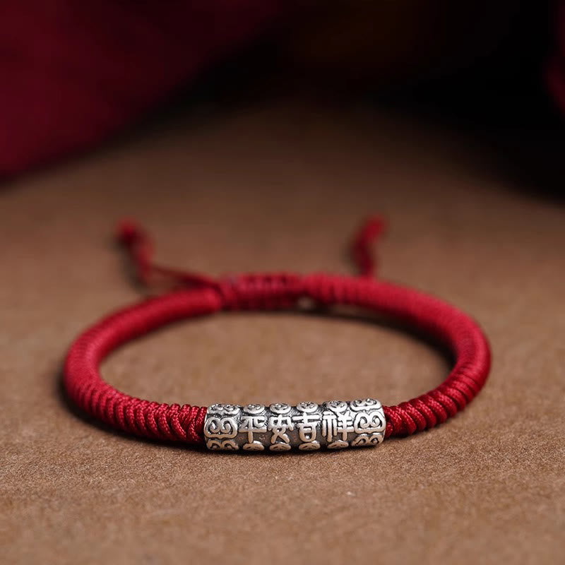 Buddha Stones , handgefertigt, 999 Sterlingsilber, Frieden und Glück, Om Mani Padme Hum, Glücksseil-Armband - Dunkelrot (Handgelenkumfang 14-20 cm) - Frieden und Glück - image 0