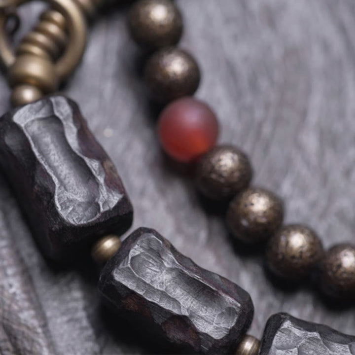 Buddha Stones, Ebenholz, Kupfer, Messing, roter Achat, Peace-Armband, doppelt gewickelt