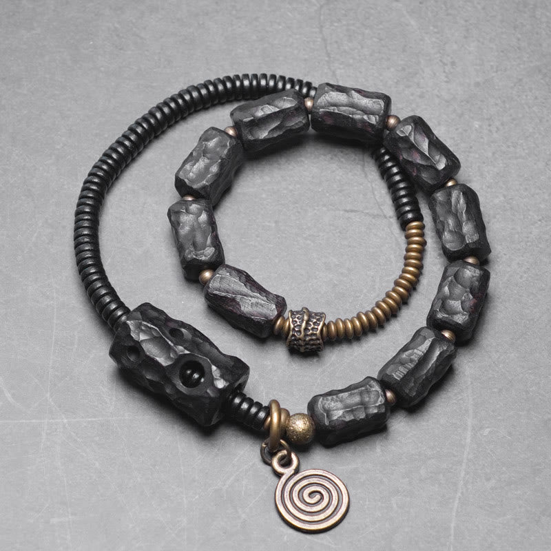 Buddha Stones, Ebenholz, Kupfer, Messing, roter Achat, Peace-Armband, doppelt gewickelt