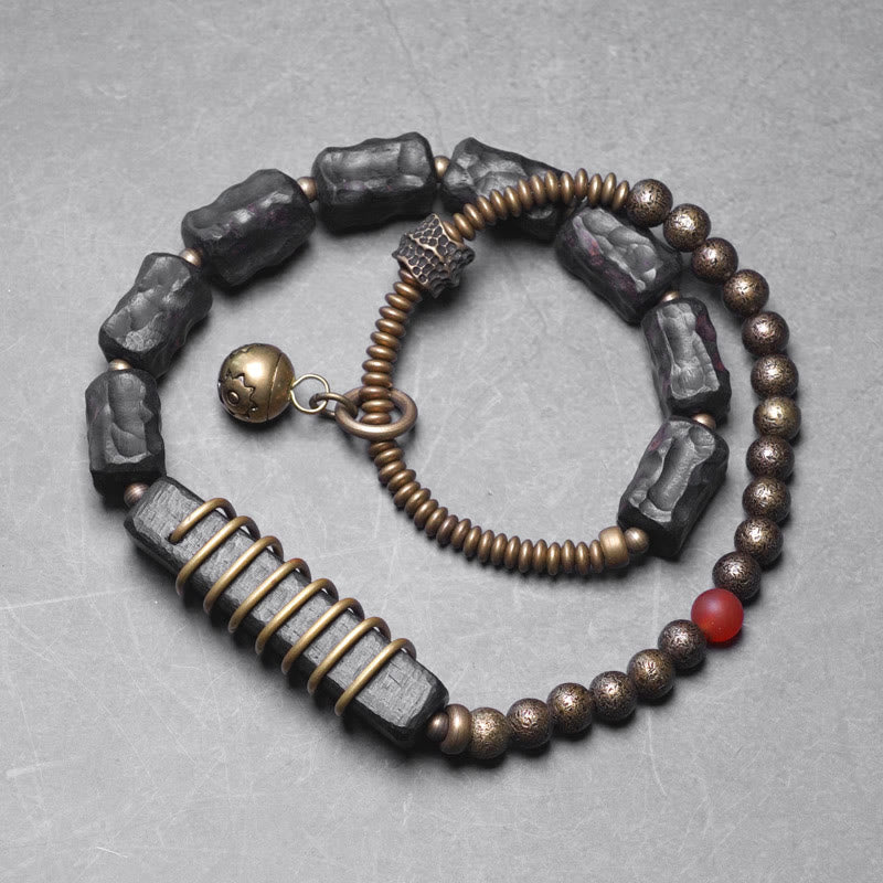 Buddha Stones, Ebenholz, Kupfer, Messing, roter Achat, Peace-Armband, doppelt gewickelt