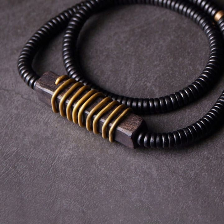 Buddha Stones Ebenholz Holz Kupfer Messing Balance Ball Quader Doppel Wrap Armband Halskette
