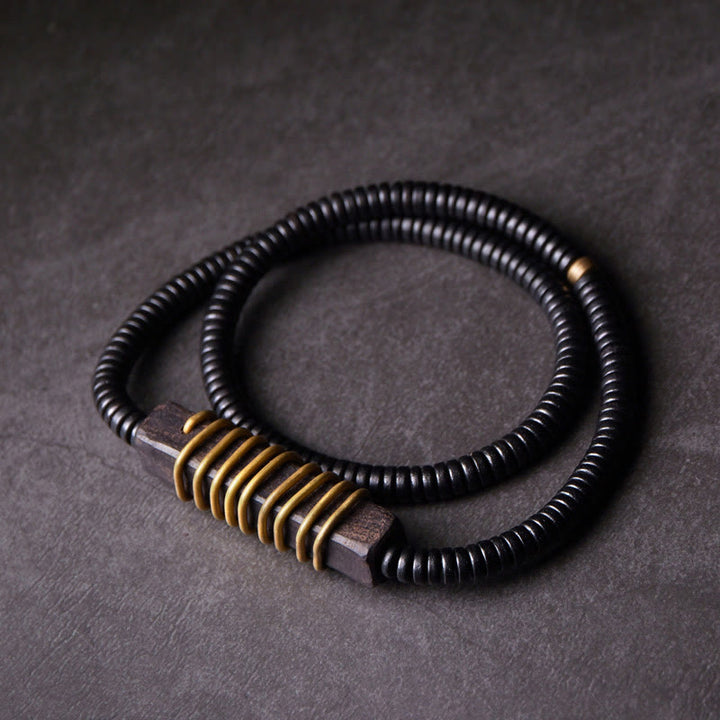 Buddha Stones Ebenholz Holz Kupfer Messing Balance Ball Quader Doppel Wrap Armband Halskette