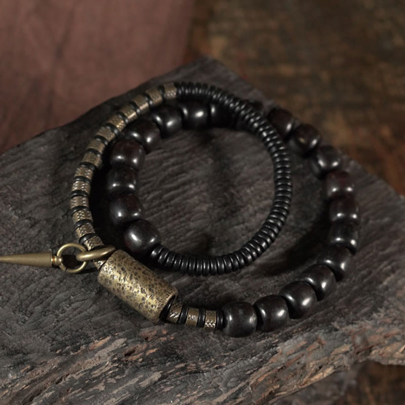 Buddha Stones, Ebenholz, Kupfer, Messing, Vintage-Perlenkegel, doppelt gewickeltes Balance-Armband