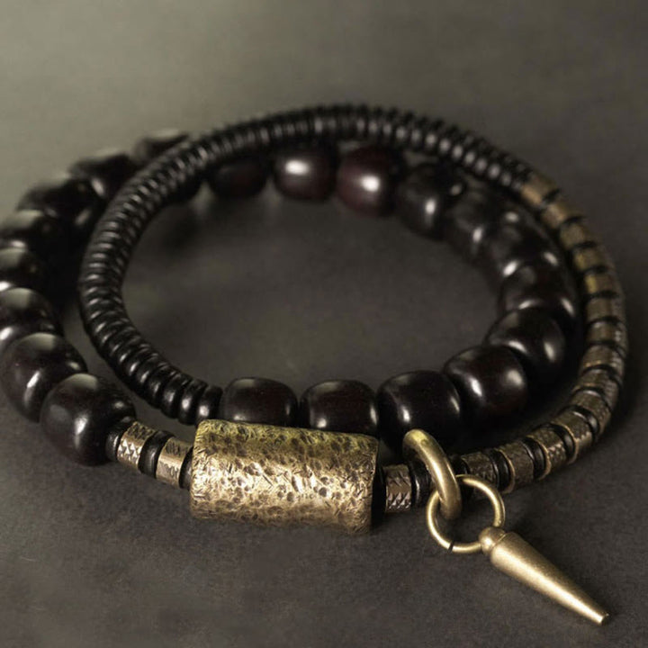 Buddha Stones, Ebenholz, Kupfer, Messing, Vintage-Perlenkegel, doppelt gewickeltes Balance-Armband