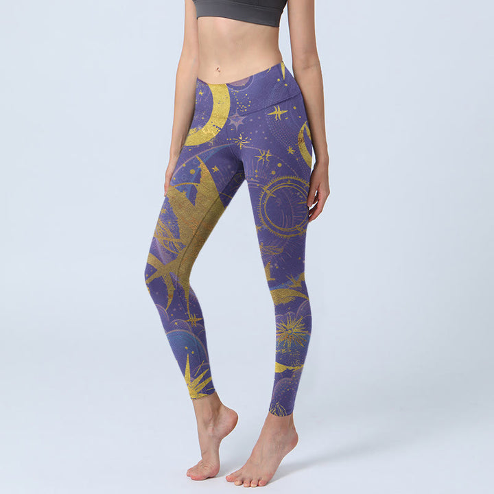 Buddha Stones ​​Mond Sonne Sterne Druck Gym Leggings frauen Yoga Hosen - Dunkelviolett - US18, UK/AU22, EU50 (4XL) - image 0