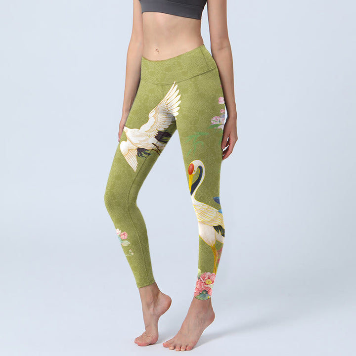 Buddha Stones ​​Hibiskus Vögel Bambus Druck Gym Leggings frauen Yoga Hosen - Gelbgrün - US18, UK/AU22, EU50 (4XL) - image 0