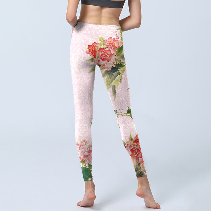 Buddha Stones Hibiskusblüten und Blätter Print Gym Leggings Damen Yogahose