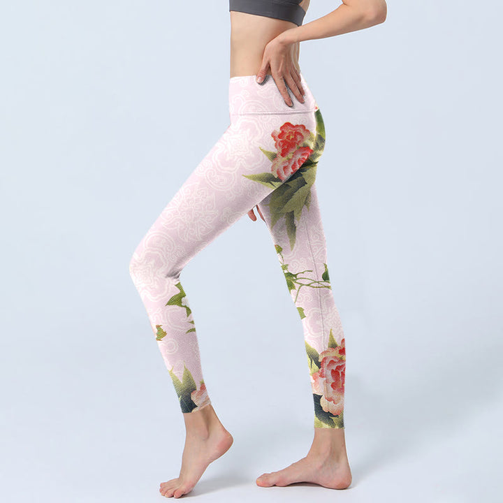 Buddha Stones Hibiskusblüten und Blätter Print Gym Leggings Damen Yogahose