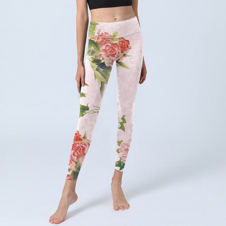 Buddha Stones Hibiskusblüten und Blätter Print Gym Leggings Damen Yogahose