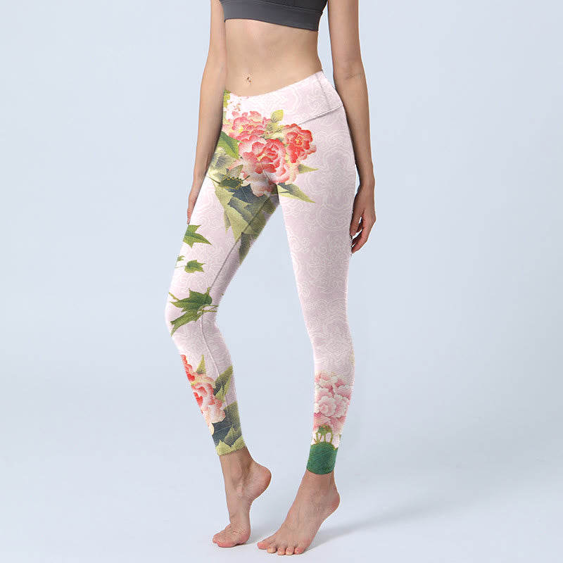 Buddha Stones Hibiskusblüten und Blätter Print Gym Leggings Damen Yogahose - Rosa - US18， UK/AU22，EU50 (4XL) - image 1