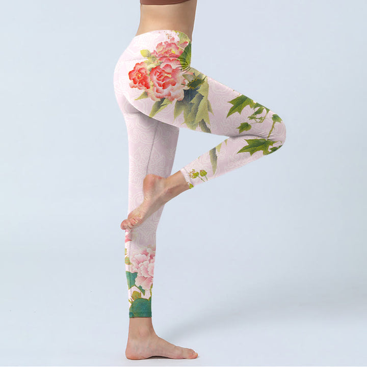 Buddha Stones Hibiskusblüten und Blätter Print Gym Leggings Damen Yogahose