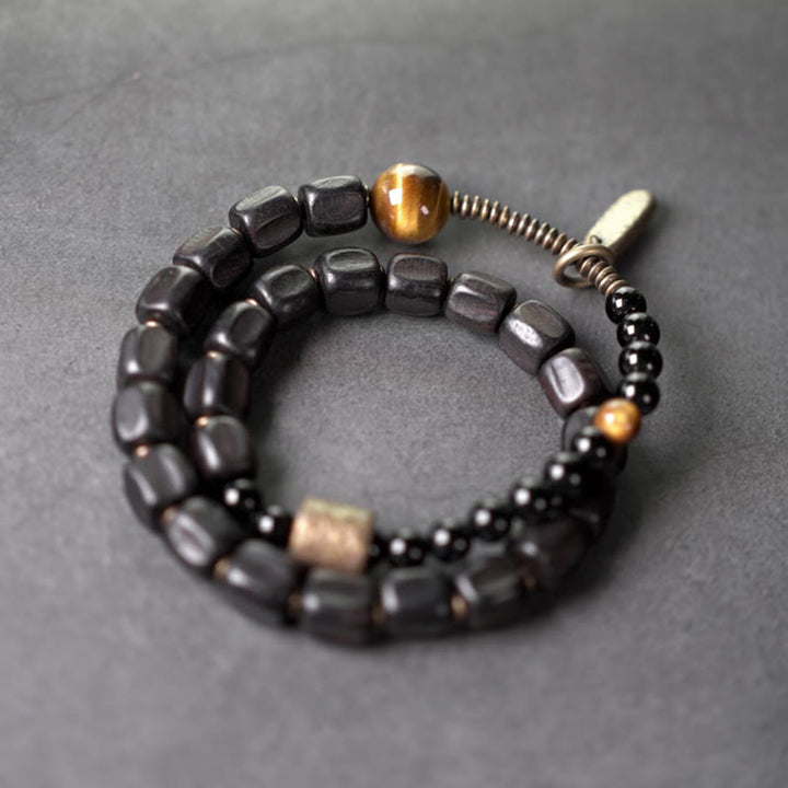 Buddha Stones, Ebenholz, Kupfer, Messing, Tigerauge, Peace-Armband, doppelt gewickelt - image 1