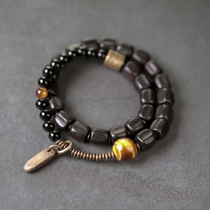 Buddha Stones, Ebenholz, Kupfer, Messing, Tigerauge, Peace-Armband, doppelt gewickelt