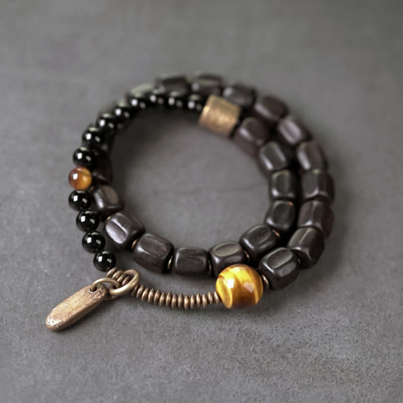Buddha Stones, Ebenholz, Kupfer, Messing, Tigerauge, Peace-Armband, doppelt gewickelt - Armband aus Ebenholz und Messing mit Tigerauge (Handgelenkumfang: 17-17,5 cm) - image 0