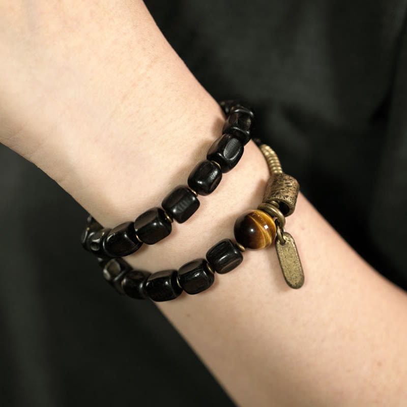 Buddha Stones, Ebenholz, Kupfer, Messing, Tigerauge, Peace-Armband, doppelt gewickelt - image 3