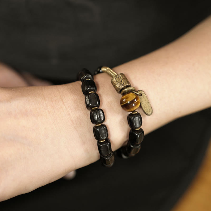 Buddha Stones, Ebenholz, Kupfer, Messing, Tigerauge, Peace-Armband, doppelt gewickelt - image 4