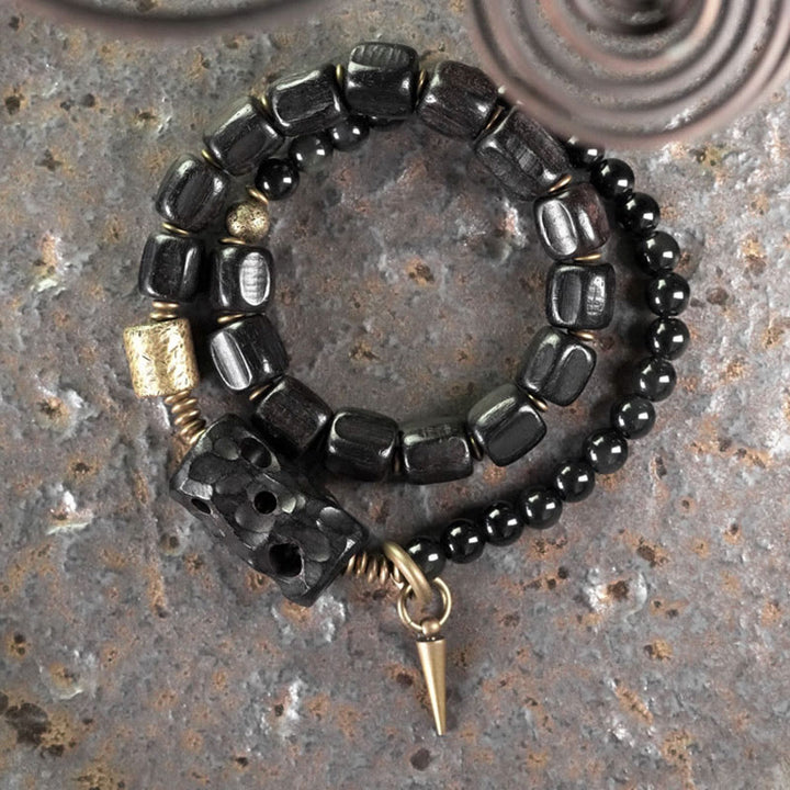 Buddha Stones, Ebenholz, schwarzer Obsidian, Kupfer, Messing, Peace-Armband, doppelt gewickelt